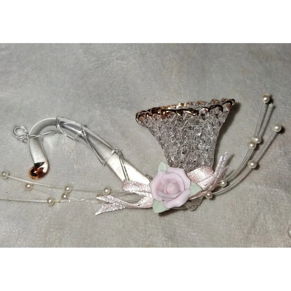 Lot of 4 Spun Glass instrument Ornaments Gold Trim Pink Roses Vintage Style